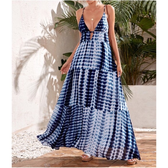 BellanBlue Dresses & Skirts - Boho Navy Blue Tie Dye Cutout Sexy Maxi Dress